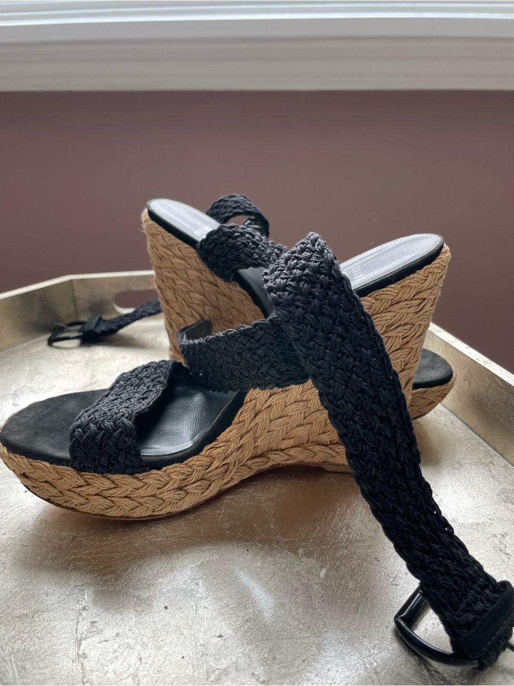 Stuart Weitzman Black Braided Espadrille Wedge Sandals - Picture 3 of 6